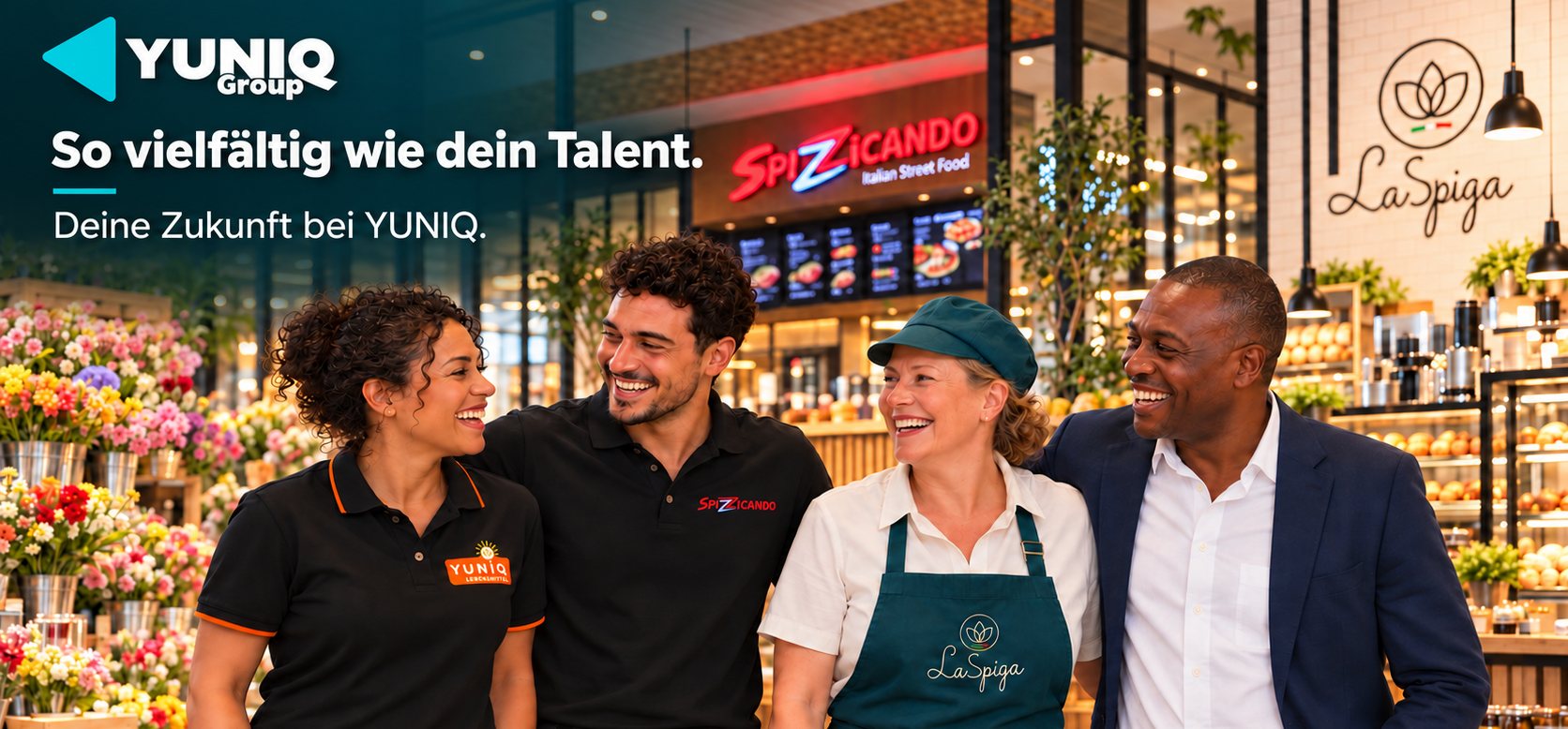 Viele Talente. Ein Team. Mitarbeitende von YUNIQ Lebensmittel, SPIZZICANDO, LaSpiga und der YUNIQ Group