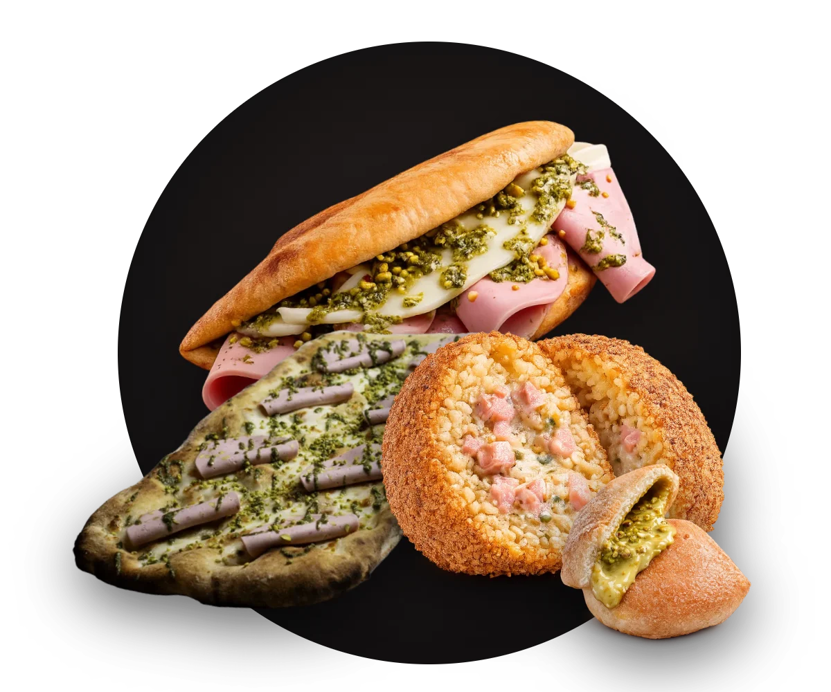 Spizzi Panino, Spizza al Taglio, Spizzarancio und Spizzi Sweet mit Pistazie